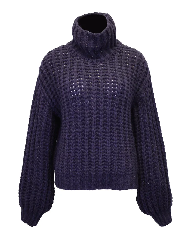 Anine Bing Iris Chunky-Knit Sweater in Navy Blue Wool Blend