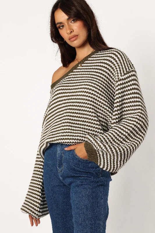 Becca Crewneck Waffle Stitch Stripe Knit Sweater - Olive