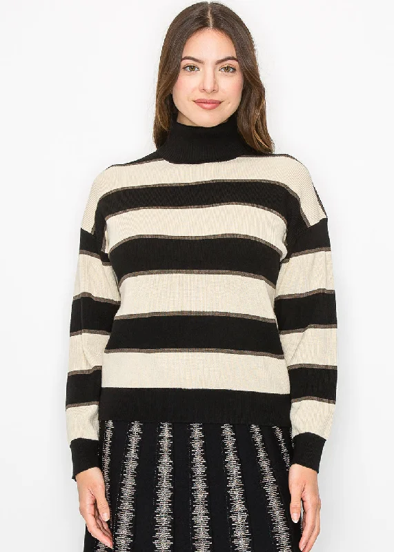 Black and Cream Striped Pullover with Turtleneck