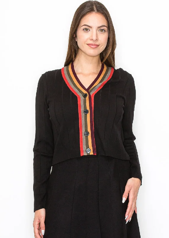 Black Ribbed Cardigan with Striped V-Neck