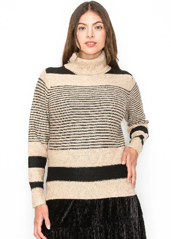 Camel and Black Striped Turtleneck Sweater