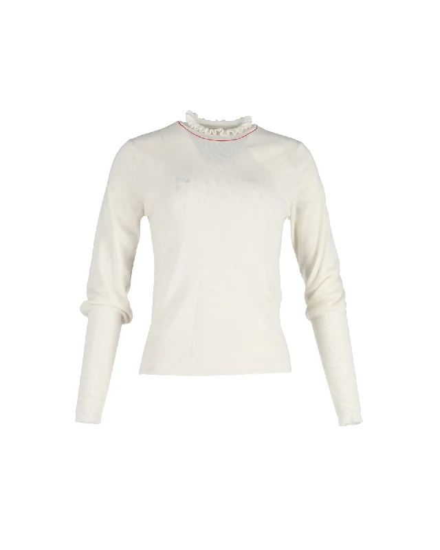 Chloe Ruffled High-Neck Sweater in Cream Wool