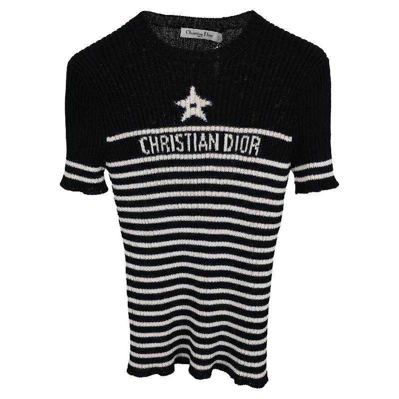 Christian Dior Dioriviera Knitted Stripe Short-Sleeved Sweater in Black Wool