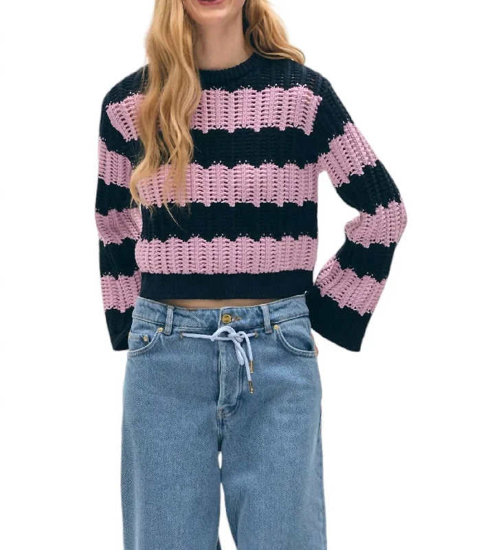 Cotton Rope Bell Sleeve Crewneck Sweater In Purple Combo