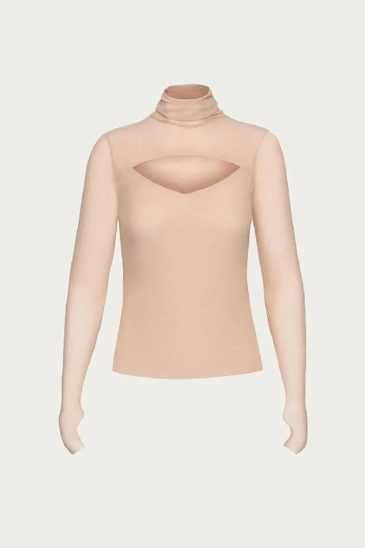 Dawn Power Mesh Turtleneck Top In Tan