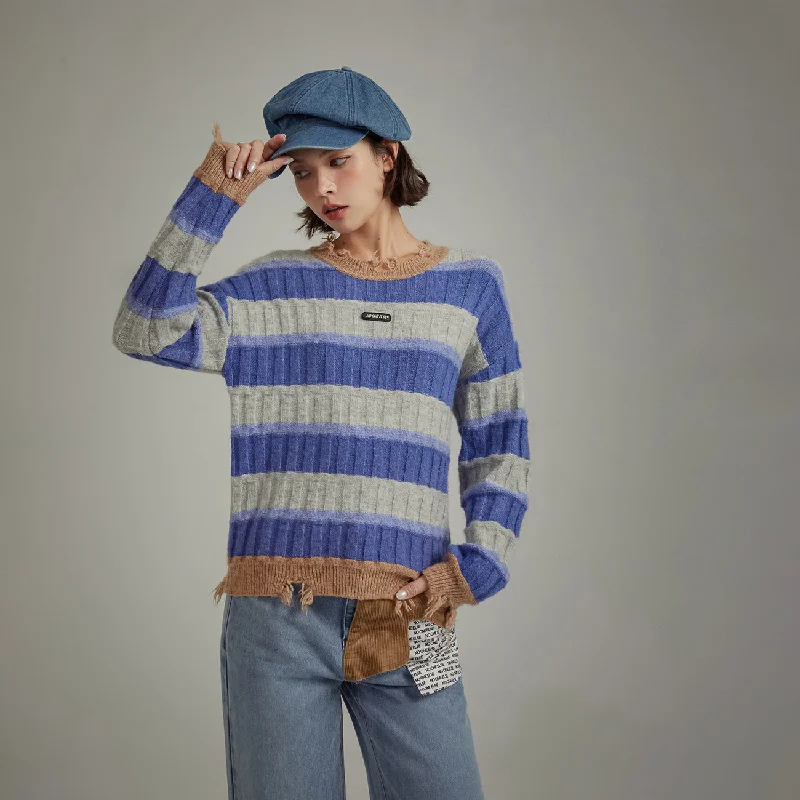 Distressed Striped Loose Knit Sweater