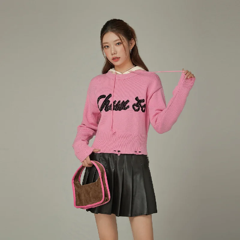 Distressed Lettering Crop Knit Sweater