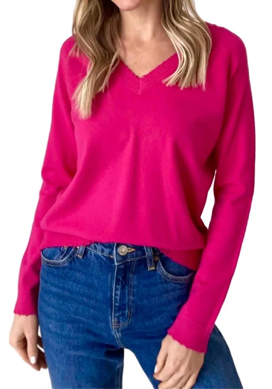 Distressed Hem Vneck Sweater In Hot Pink