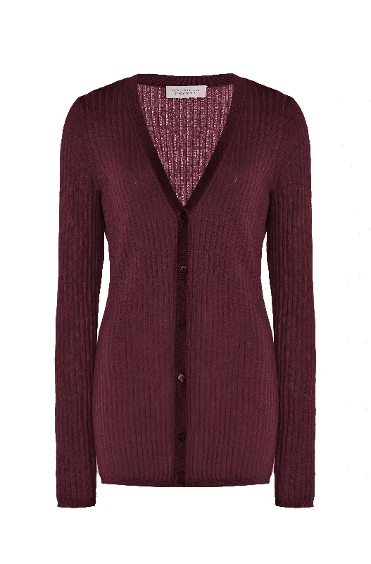 Emma Pointelle Knit Cardigan in Bordeaux Cashmere Silk