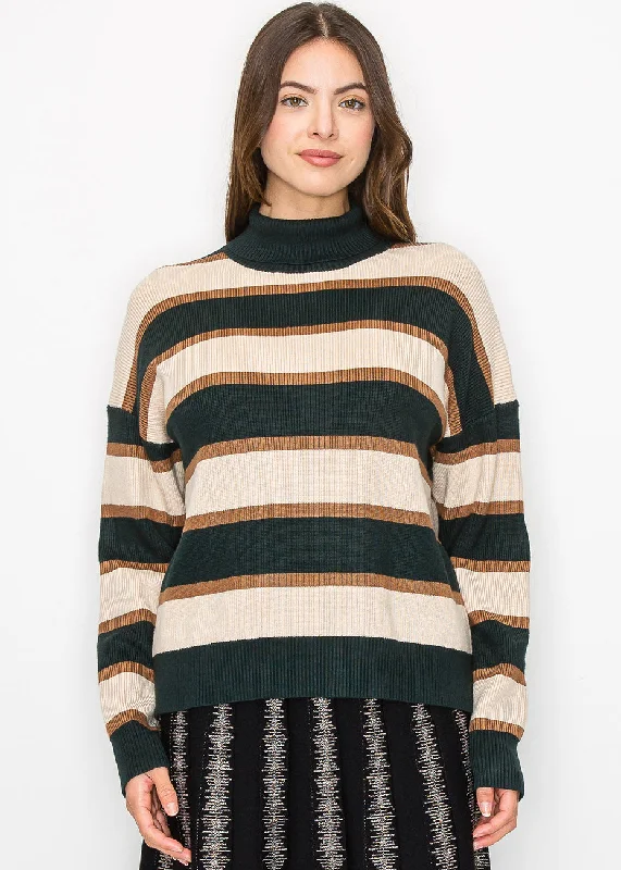 Forest Green Striped Turtleneck Sweater