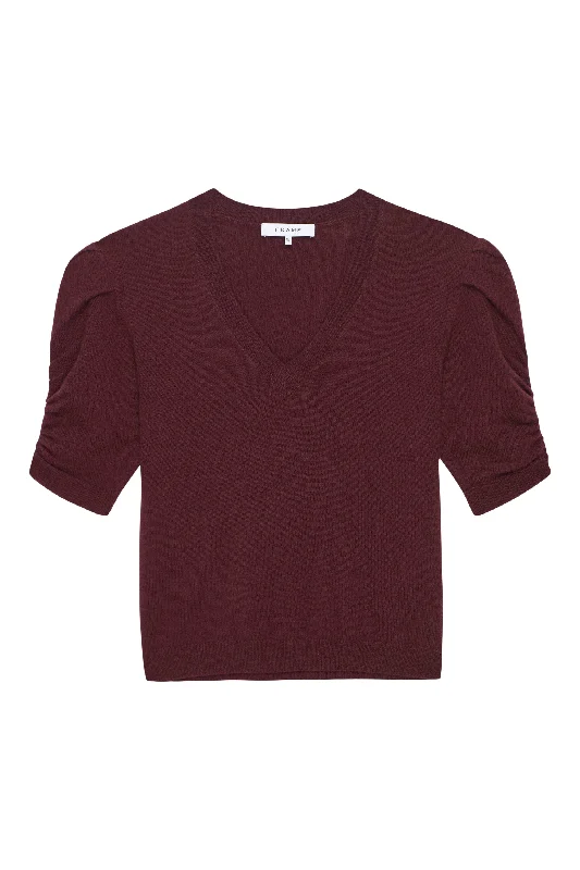 Frame Denim Cashmere Gathered V-neck Sweater in Deep Burgundy