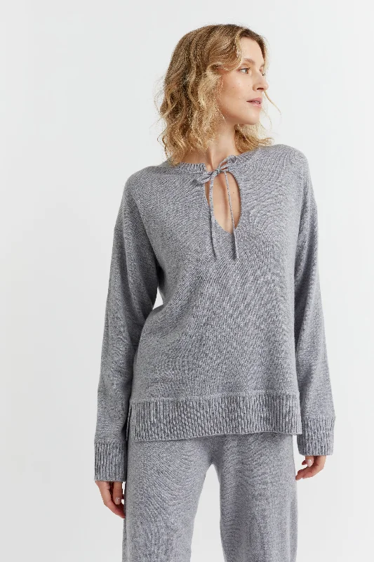 Grey-Marl Cashmere Tie Neck Sweater