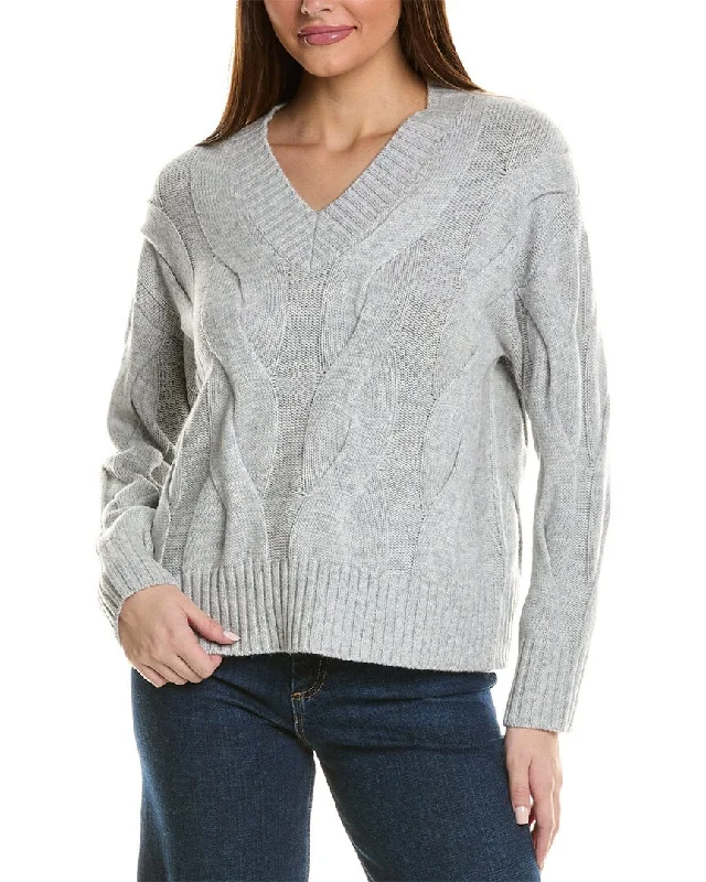 Hannah Rose Wide Cable V-Neck Wool & Cashmere-Blend Sweater