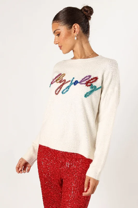 Holly Jolly Embellished Knit Sweater - Cream