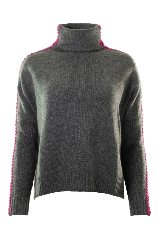 Kujten Thea Turtleneck Sweater with Whipstitch Detail in Flanelle