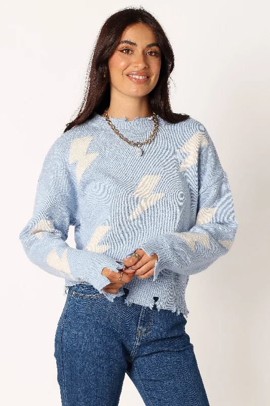 Lightning Bolt Printed Fray Detail Knit Sweater - Light Blue