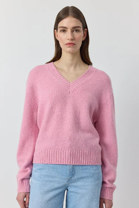 Luxe  Cashmere V Neck Sweater - Pink Melange