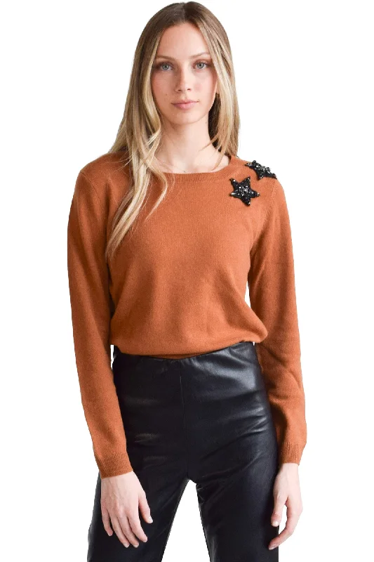 Never A Wallflower Jewel Neck Sweater Burnt Sienna with Black Stars