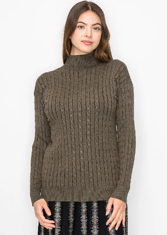 Olive High Neck Cable Sweater