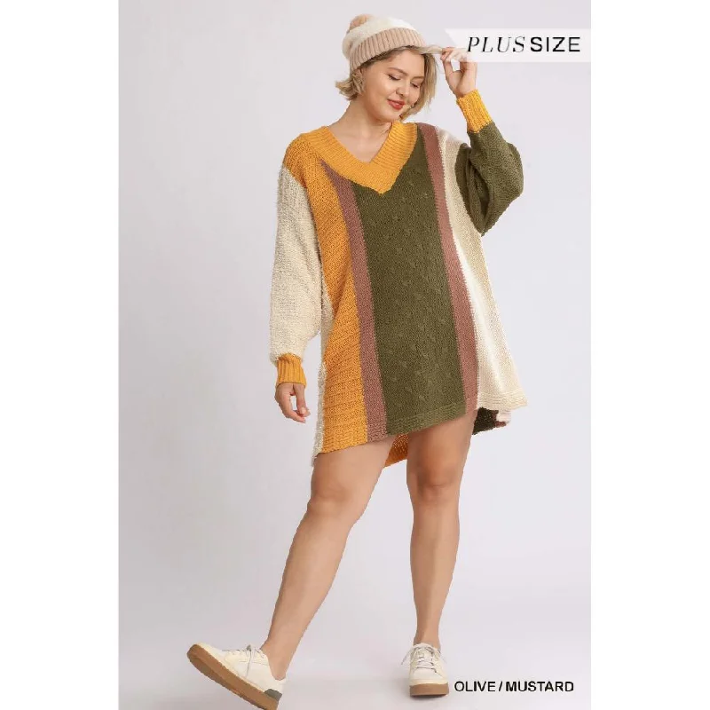 Oversized Multicolor Bouclé V-neck Pullover Sweater Dress With Side Slit