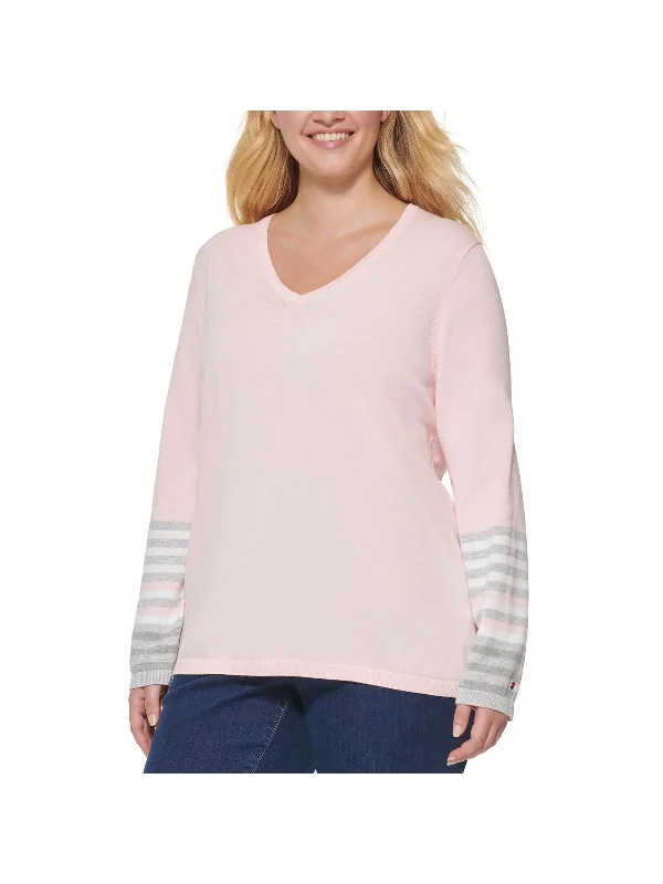 Plus Womens V-Neck Striped Pullover Sweater