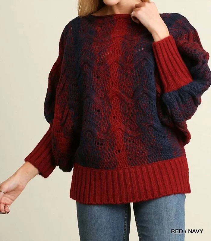 Puff Sleeve Chunky Knit Sweater In Navy And Red