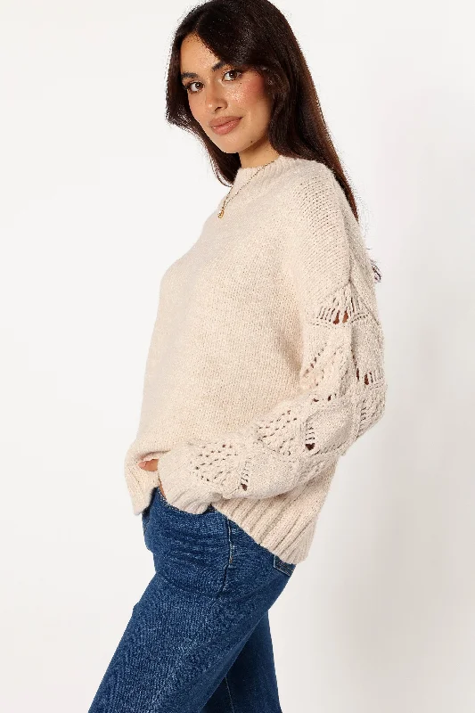 Rebekah Crochet Sleeve Knit Sweater - Cream