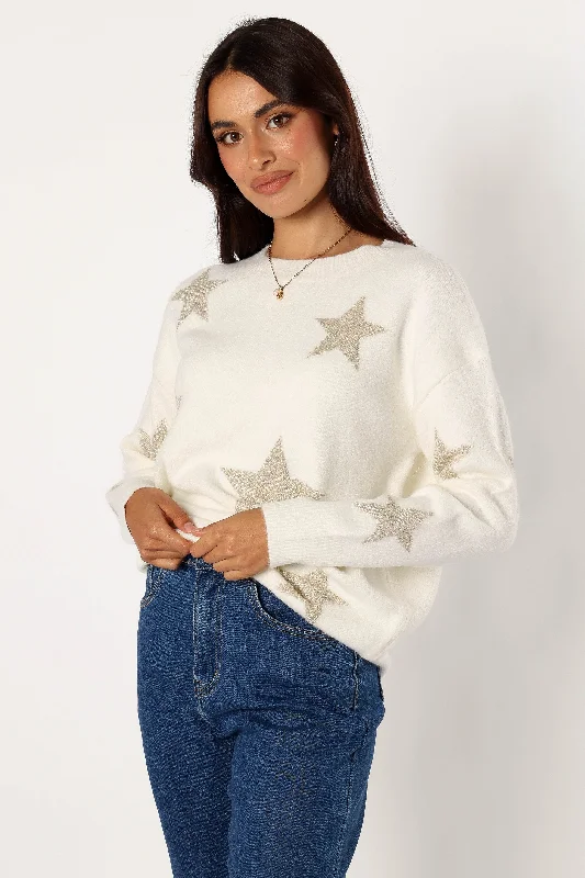 Rosalina Crewneck Shimmer Star Knit Sweater - Cream