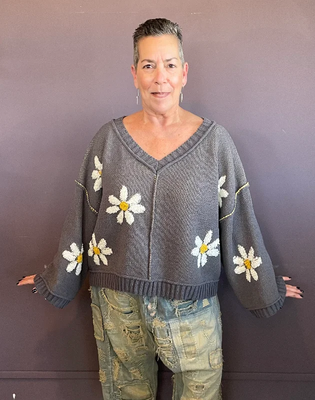 V-Neck Berber Floral Pattern Sweater