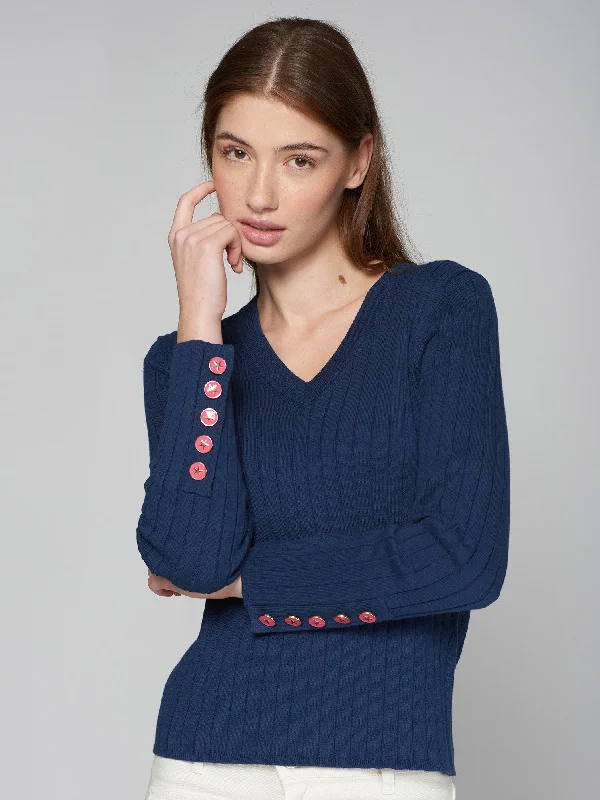 Vilagallo Cotton Button Cuff V-Neck Sweater