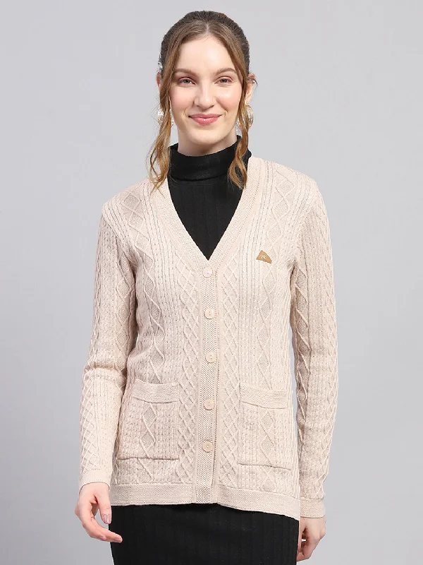 Women Beige Self Design V Neck Full Sleeve Cardigan