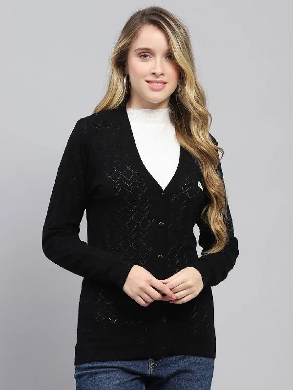 Women Black Self Design V Neck Full Sleeve Cardigan