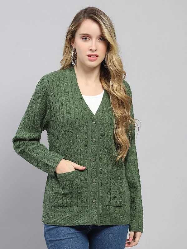 Women Green Self Design V Neck Full Sleeve Cardigan