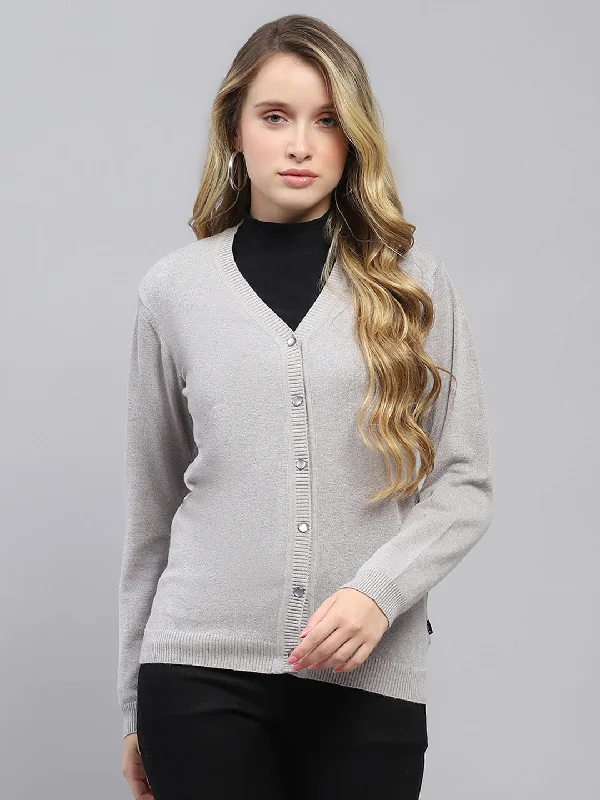 Women Grey Solid V Neck Full Sleeve Cardigan