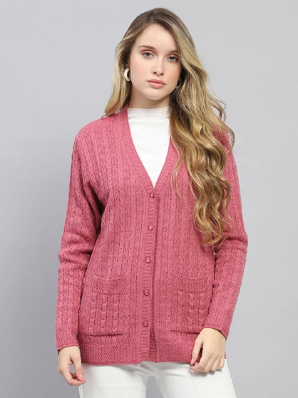 Women Pink Self Design V Neck Full Sleeve Cardigan