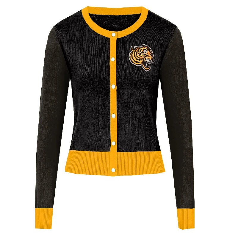 Women's black embroidered yellow cardigan sweater