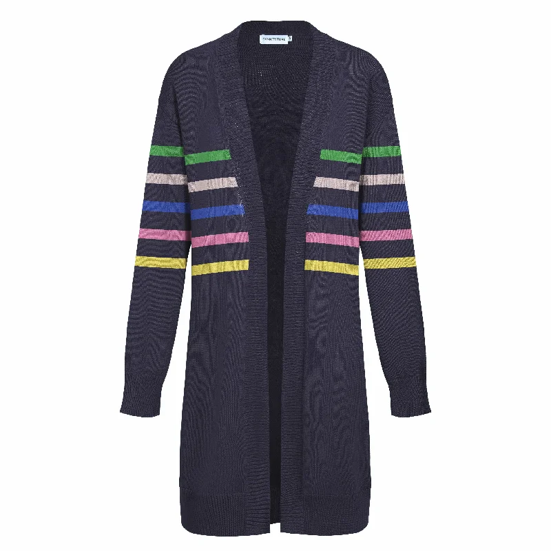 Women's dark blue striped long cardigan knit coat