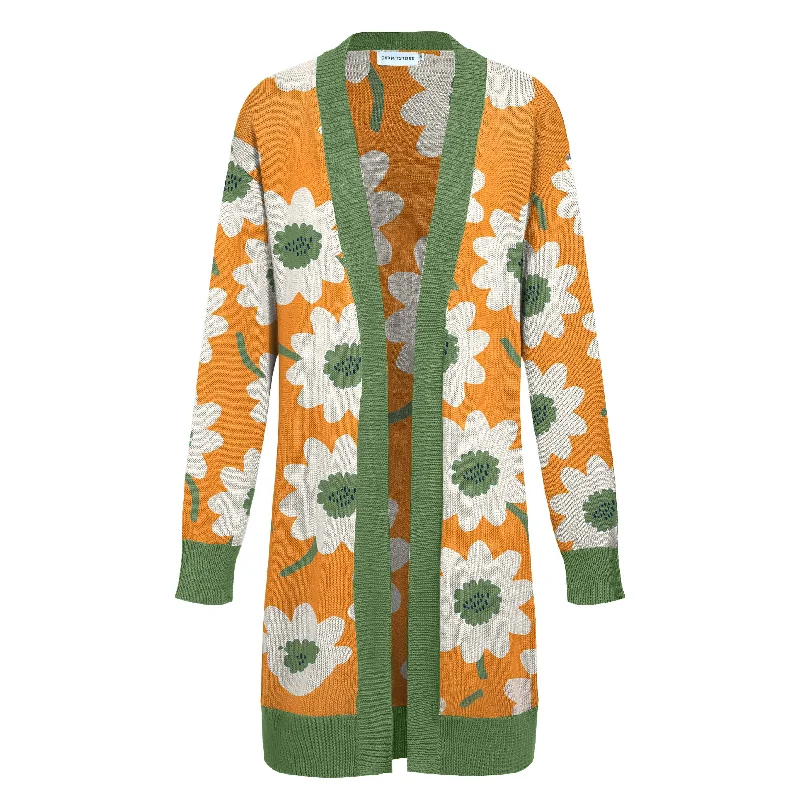 Women's green sunflower vintage cardigan long knit