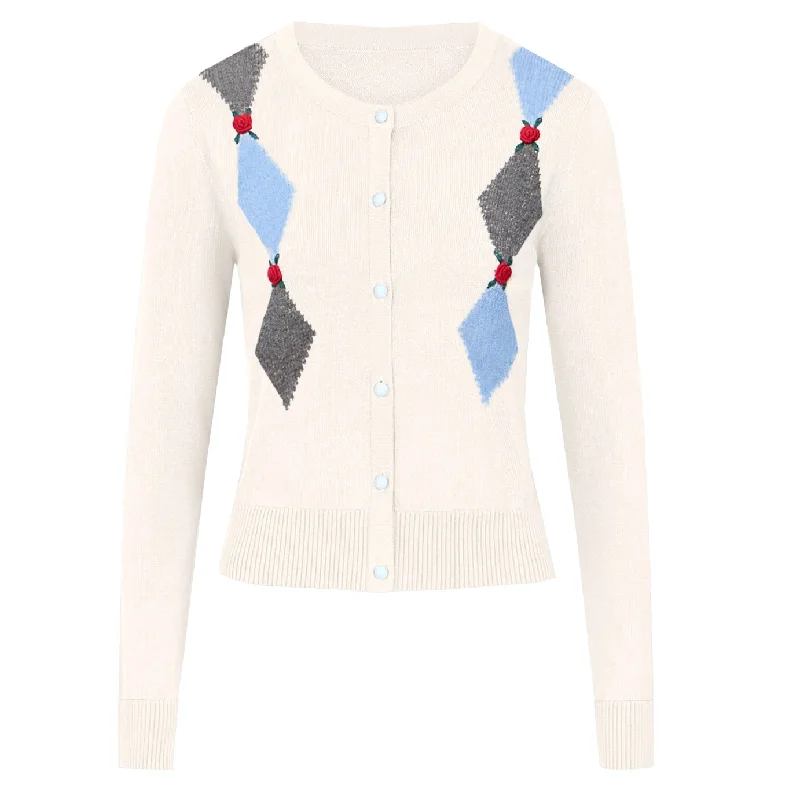 Women's white diamond check cardigan sweater