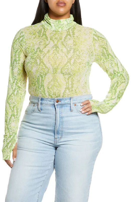 Zadie Power Mesh Turtleneck Top In Lime Snake